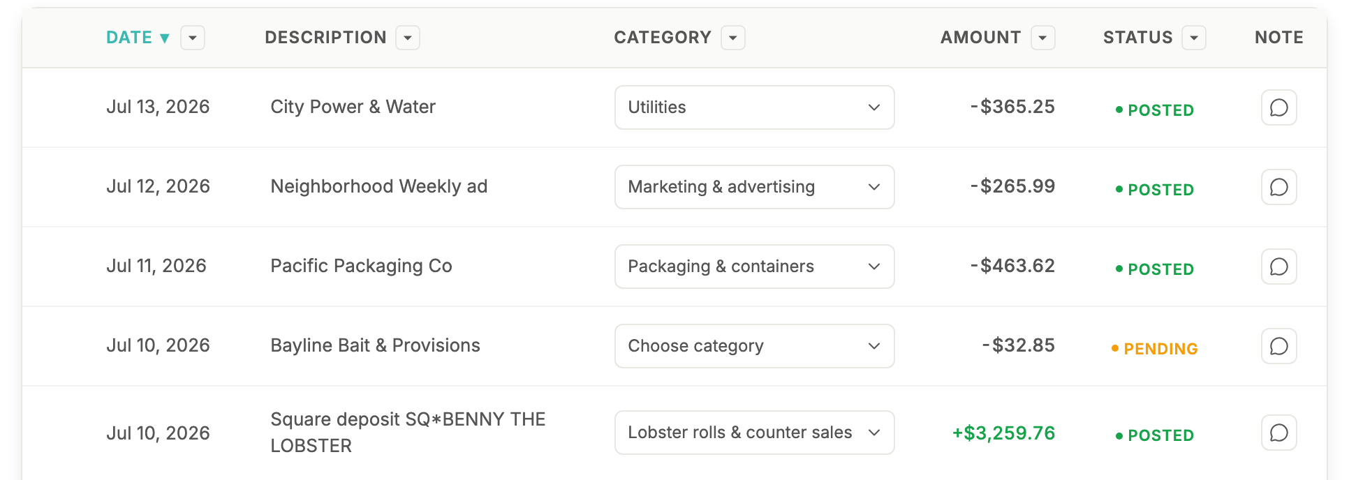 Bonnie's transactions table with categories filled in — utilities, marketing and advertising, packaging and containers — and each row marked posted or pending